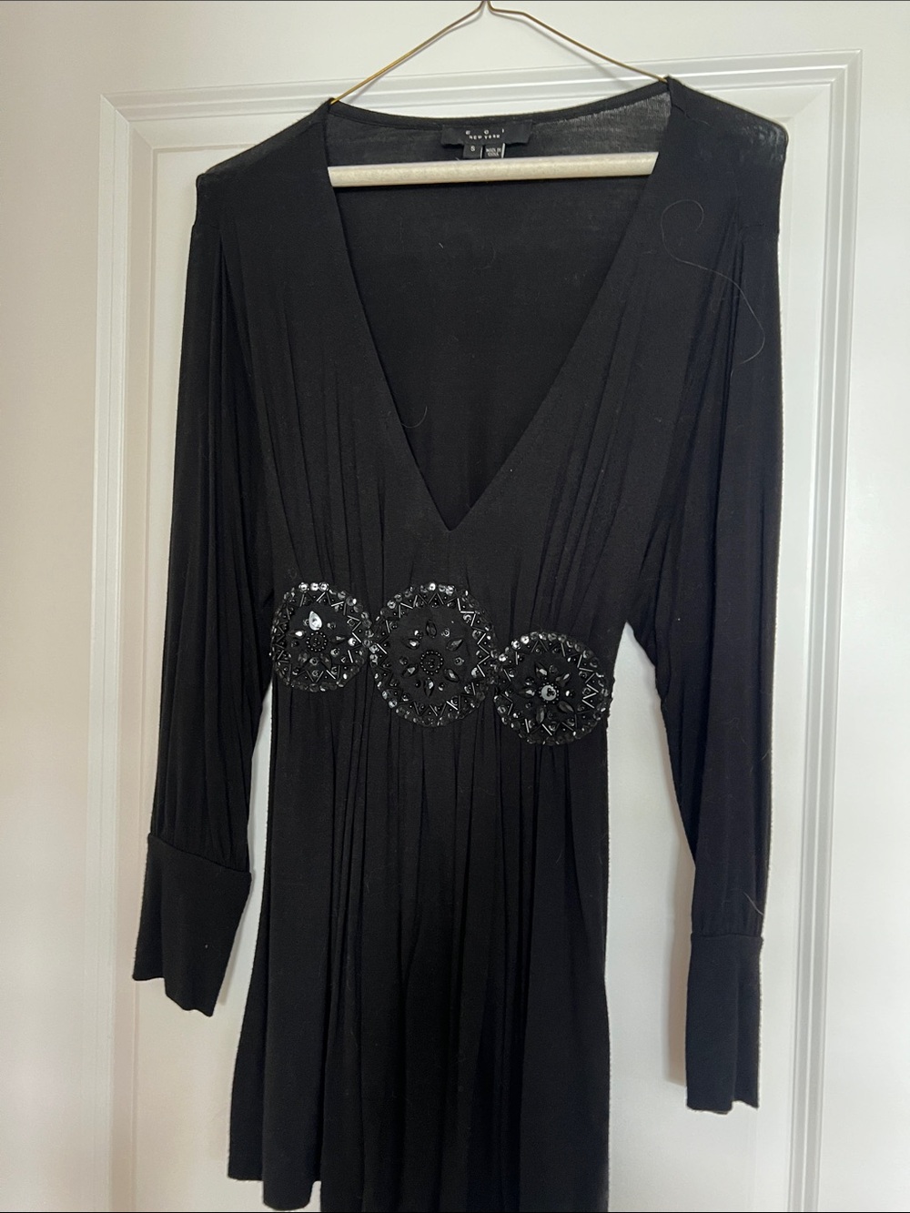 ECI Black Long-Sleeve V-Neck Dress with Beaded Waist